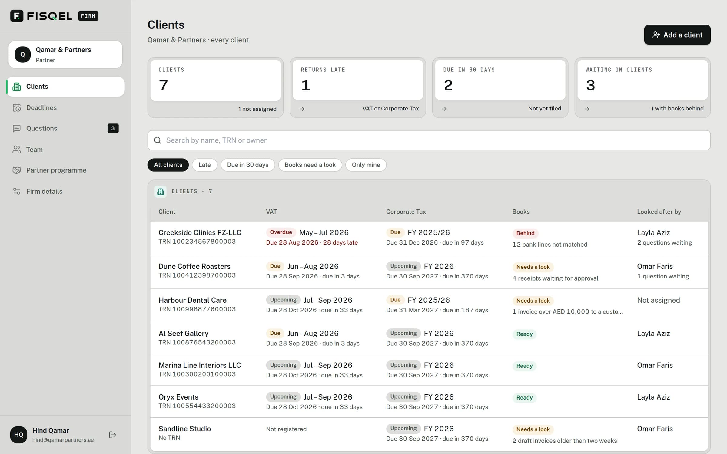 Real Fisqel screens, shown with a fictional sample business.